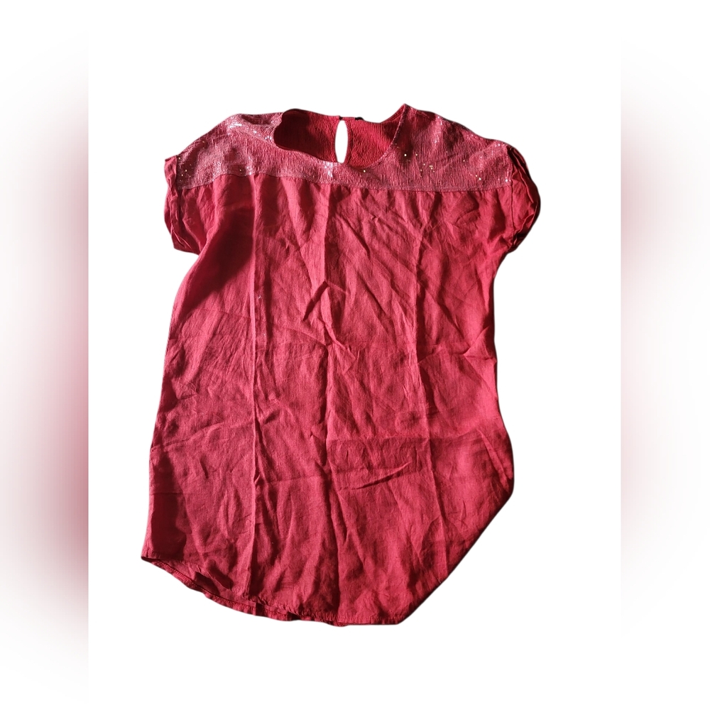 Linen Women's Red Yoke Dress With Sequins